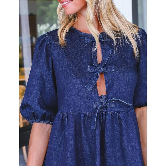 Women’s Denim Dress Puff Short Sleeves Babydoll Pockets Casual Blue 80% Cotton - Picture 3 of 5